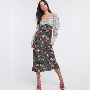 ASOS Satin Sweetheart Long Sleeve Floral Midi Dress Cottagecore Whimsical Sz 2